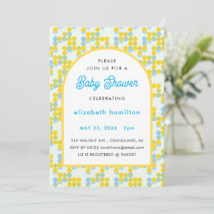 Geel en blauw gestippelde moderne babyshower uitno kaart