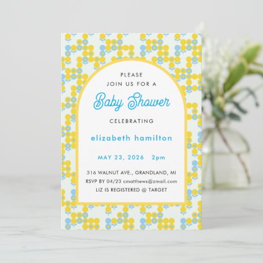 Geel en blauw gestippelde moderne babyshower uitno kaart (Staand voorkant)