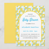 Geel en blauw gestippelde moderne babyshower uitno kaart (Voorkant / Achterkant)