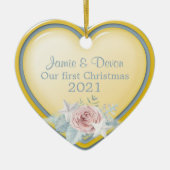 Geel en blauw hart Nieuw Weds Eerste Kerstmis Keramisch Ornament (Voorkant)