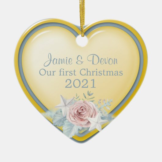 Geel en blauw hart Nieuw Weds Eerste Kerstmis Keramisch Ornament (Voorkant)