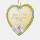 Geel en blauw hart Nieuw Weds Eerste Kerstmis Keramisch Ornament (Links)