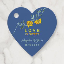 Geel en blauw huwelijk bedankjes labels