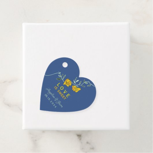 Geel en blauw huwelijk bedankjes labels (In situ)