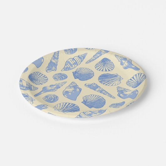 Geel en blauw kustschelpen papieren bordje (Gekanteld)