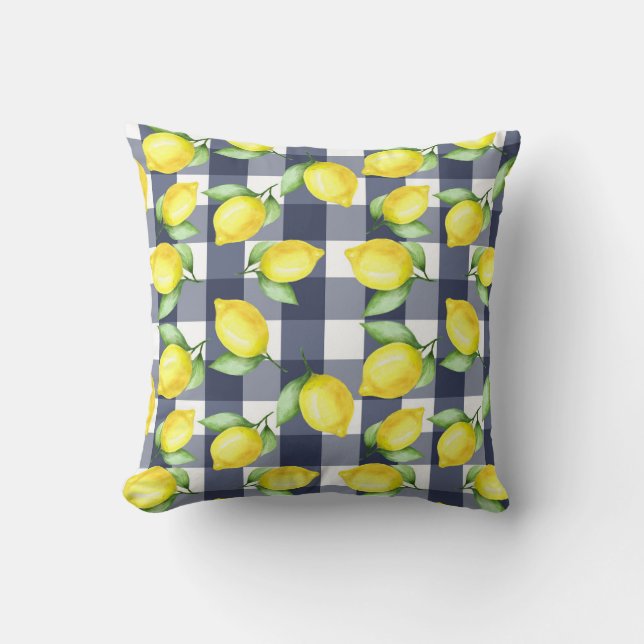 Geel en blauw Lemon floral Pillow Kussen (Voorkant)