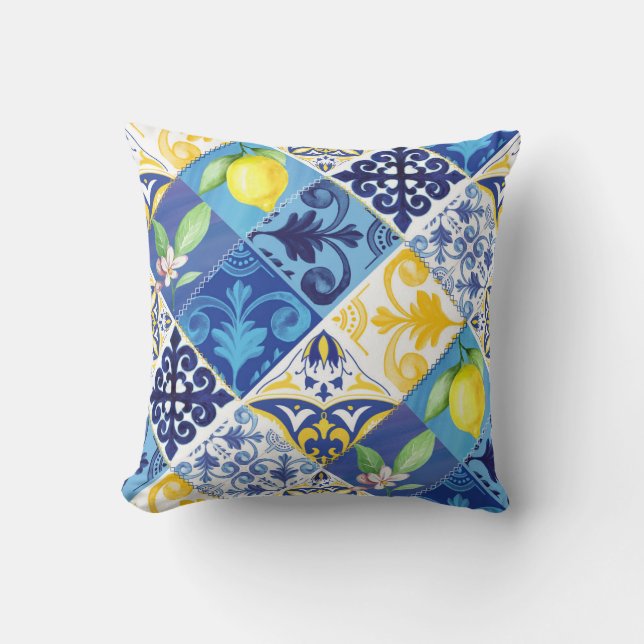 Geel en blauw Lemon floral Pillow. Siciliaans Kussen (Voorkant)