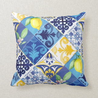 Geel en blauw Lemon floral Pillow. Siciliaans Kussen