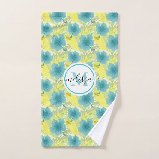 geel en blauw monogram bloem  bad handdoek (Handdoek)