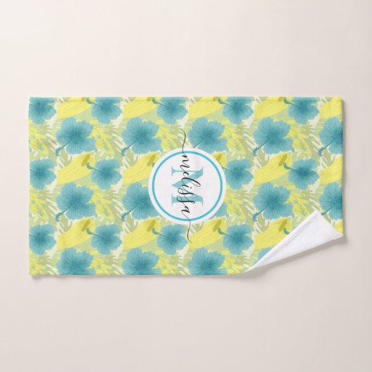 geel en blauw monogram bloem  bad handdoek (Handdoek)