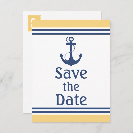 Geel en Blauw Nautisch Sla de Datum op Aankondigingskaart (Voorkant / Achterkant)