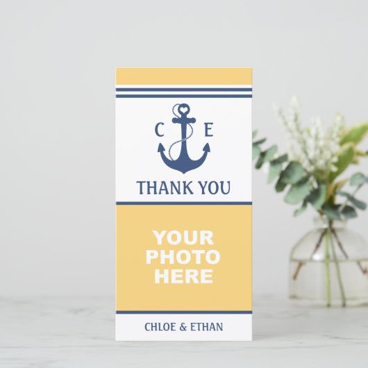 Geel en Blauw Nautische Foto Dank u Bedankkaart (Staand voorkant)