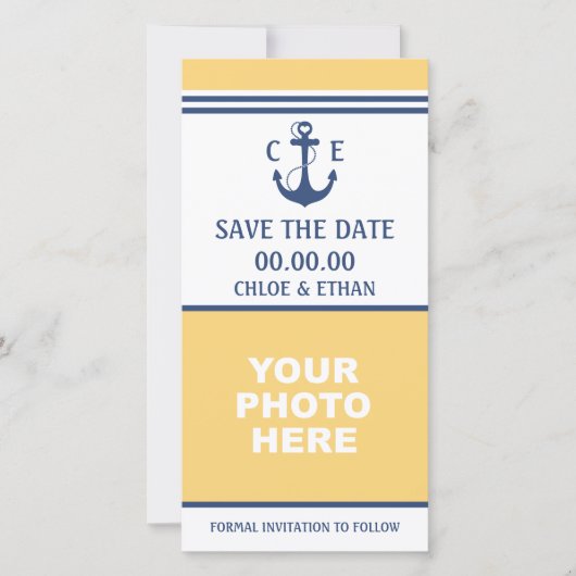 Geel en Blauw Nautische Foto sparen de Datum Save The Date (Voorkant)