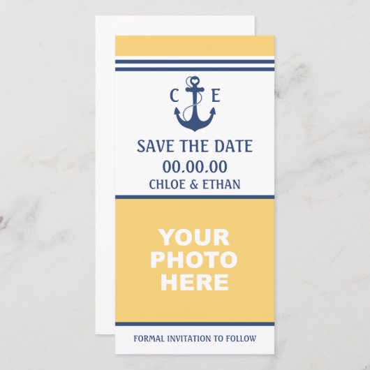 Geel en Blauw Nautische Foto sparen de Datum Save The Date (Voorkant / Achterkant)