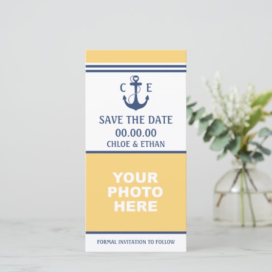 Geel en Blauw Nautische Foto sparen de Datum Save The Date (Staand voorkant)