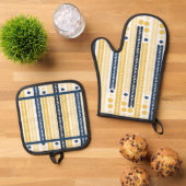 Geel en blauw ovenwant & pannenlap set (Top down)