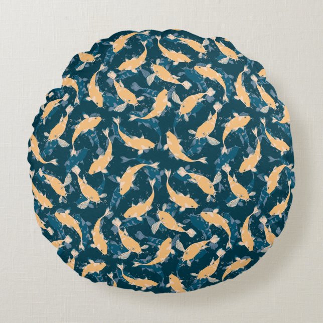 Geel en blauw patroon - Koi Fish Rond Kussen (Voorkant)