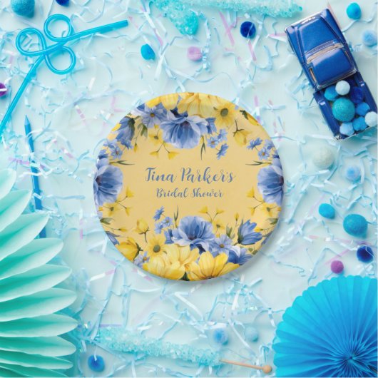 Geel en Blauw Pioen Bloemen Vrijgezellenfeest Papieren Bordje (Feest)