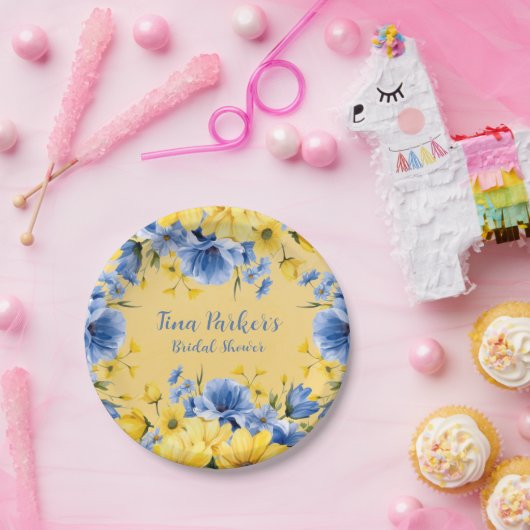 Geel en Blauw Pioen Bloemen Vrijgezellenfeest Papieren Bordje (Feest)