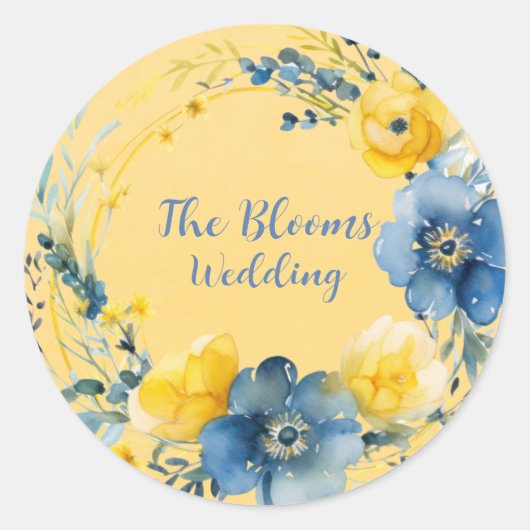 Geel en Blauw Pioen Krans Bloemen Bruiloft Ronde Sticker (Voorkant)