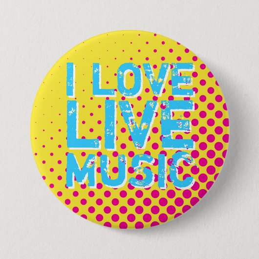 Geel en blauw Retro Halftone I Love Music Button (Voorkant)
