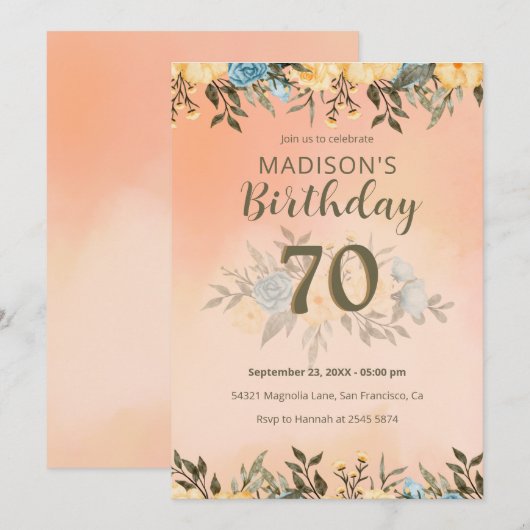 Geel en Blauw Rozen Verjaardagsuitnodiging Kaart (Voorkant / Achterkant)