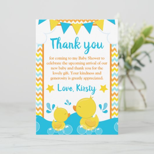 Geel en blauw Rubber Ducky Polka Baby shower Bedankkaart (Staand voorkant)