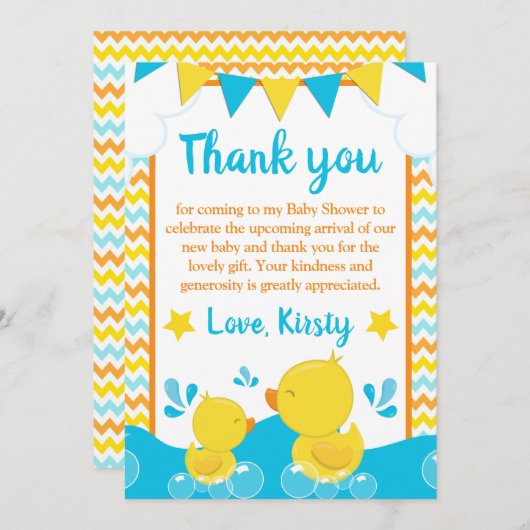 Geel en blauw Rubber Ducky Polka Baby shower Bedankkaart (Voorkant / Achterkant)