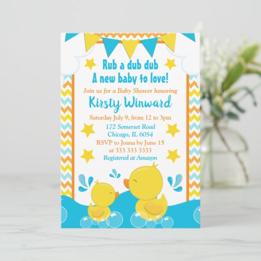 Geel en blauw Rubber Ducky Polka Baby shower Kaart (Staand voorkant)