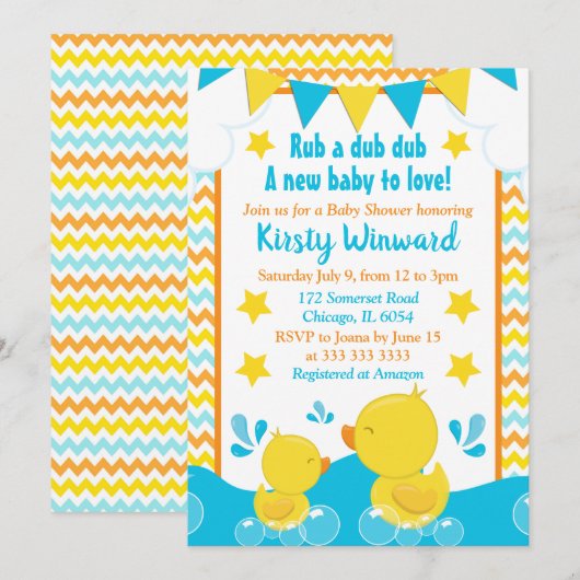 Geel en blauw Rubber Ducky Polka Baby shower Kaart (Voorkant / Achterkant)