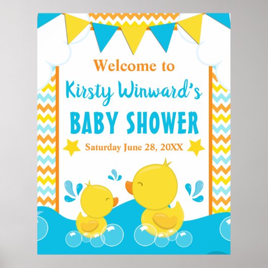 Geel en blauw Rubber Ducky Polka Baby shower Poster (Voorkant)