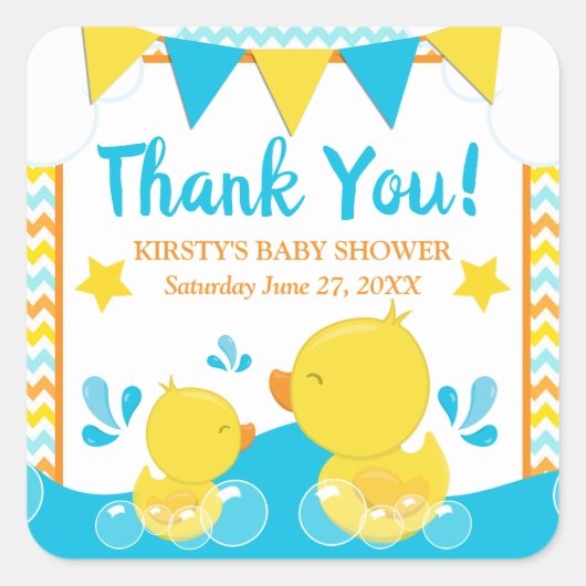 Geel en blauw Rubber Ducky Polka Baby shower Vierkante Sticker (Voorkant)