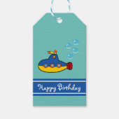 Geel en blauw Speelgoed onderzeeër Happy Birthday Cadeaulabel (Voorkant)
