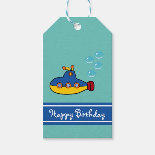 Geel en blauw Speelgoed onderzeeër Happy Birthday Cadeaulabel (Voorkant)