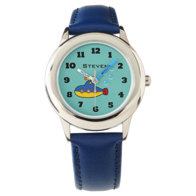 Geel en blauw Speelgoed onderzeeër met waterbellen Horloge (Voorkant)