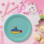 Geel en blauw Speelgoed onderzeeër met waterbellen Papieren Bordje (Feest)