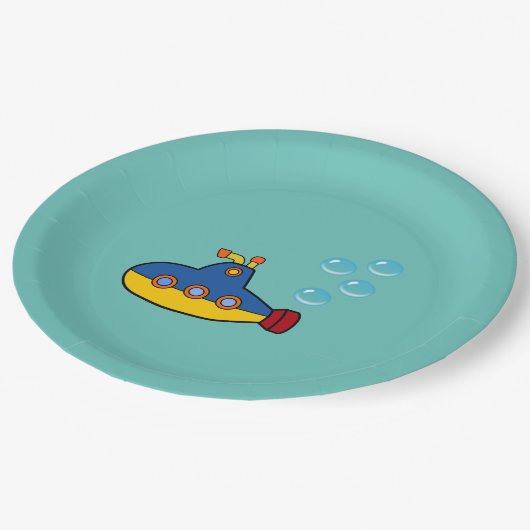 Geel en blauw Speelgoed onderzeeër met waterbellen Papieren Bordje (Gekanteld)