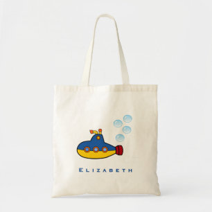 Geel en blauw Speelgoed onderzeeër met waterbellen Tote Bag