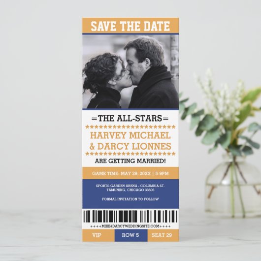 Geel en Blauw Sportticket Bewaar de Datum Kaart (Staand voorkant)