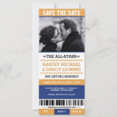 Geel en Blauw Sportticket Save the Date Kaart (Voorkant)