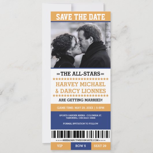 Geel en Blauw Sportticket Save the Date Kaart (Voorkant)