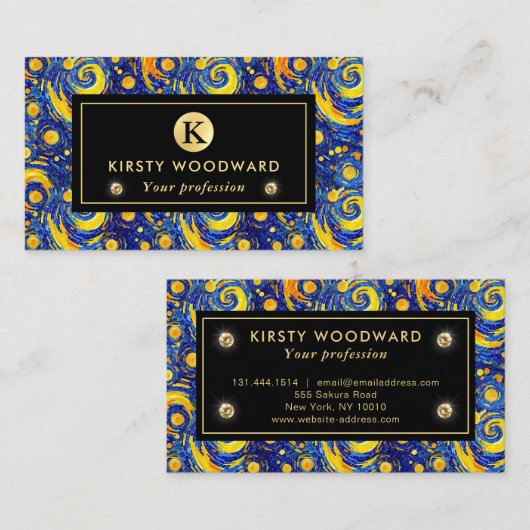 Geel en Blauw Sterrennacht Mozaïekglaspatroon Visitekaartje (Voorkant / Achterkant)
