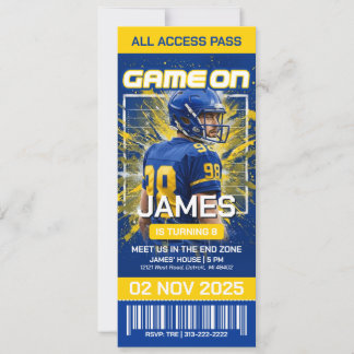 Geel en Blauw Voetbal Ticket Verjaardagsuitnodigin Save The Date