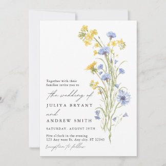 Geel en blauw wilde bloemen bruiloft kaart