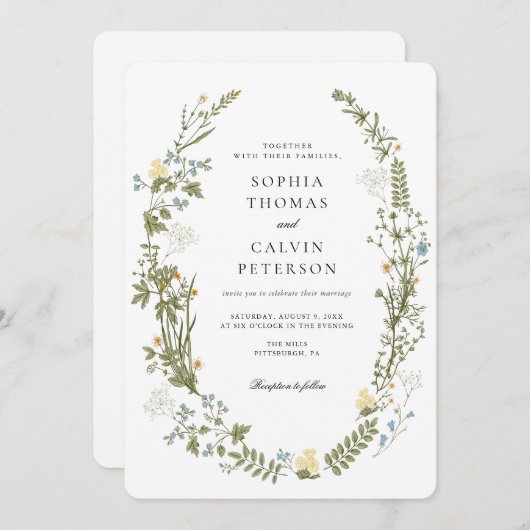 Geel en Blauw Wildflower Bruiloft Kaart (Voorkant / Achterkant)