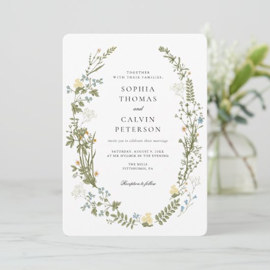 Geel en Blauw Wildflower Bruiloft Kaart (Staand voorkant)