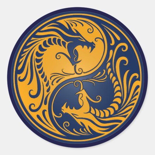 Geel en Blauw Yin Yang Dragons Ronde Sticker (Voorkant)