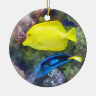Geel en Blauwe Tang Vis Keramisch Ornament