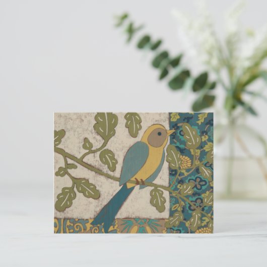 Geel en Blauwgroen blauw vogel op een Tak Briefkaart (Staand voorkant)
