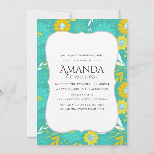 Geel en Blauwgroen Bloemen Bachelorette Party Kaart (Voorkant)